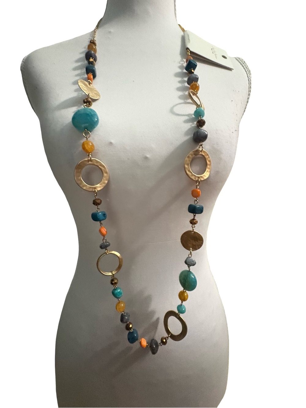 Long Multicolor Bead & Gold Link Necklace - Women Jewelry